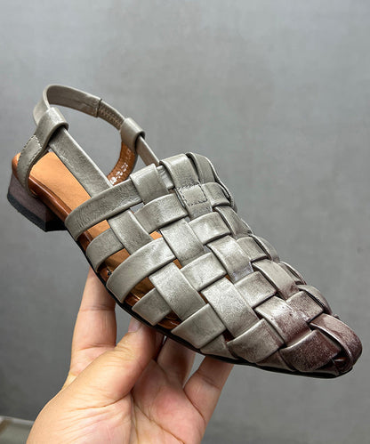 Splicing Chunky Hollow Out Sandals Grey Cowhide Leather