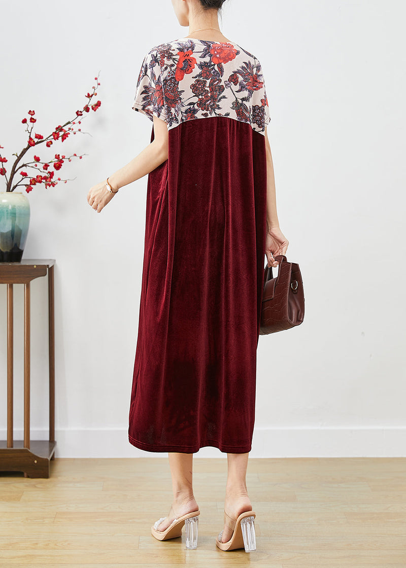 Mulberry V Neck Patchwork Silk Velour Party Dress Short Sleeve