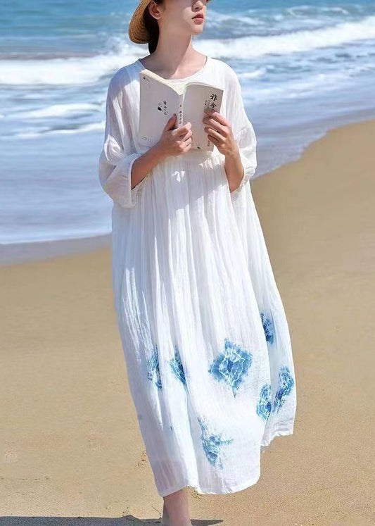 White O Neck Tie Dye Linen Dress Bracelet Sleeve