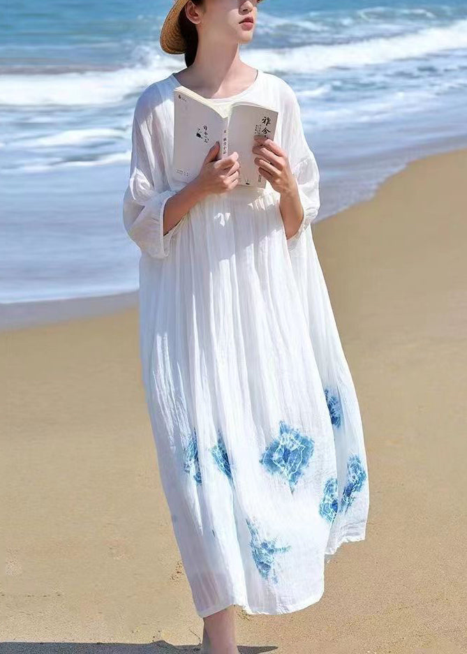 White O Neck Tie Dye Linen Dress Bracelet Sleeve