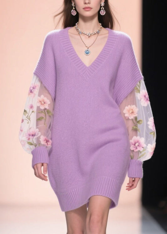 Loose Purple V Neck Tulle Patchwork Knit Mid Dress Fall