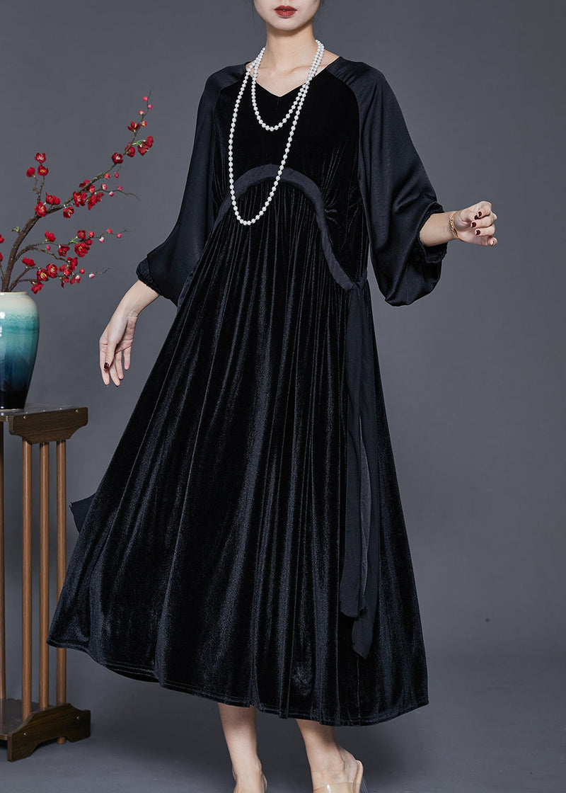 Black Oversized Patchwork Drawstring Silk Velour Dress Spring