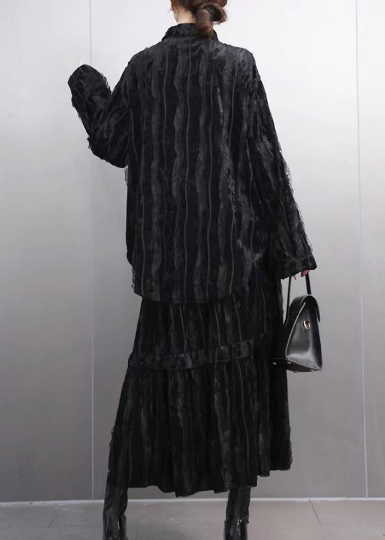 Fine Black Ruffled Wrinkled Shirt and Maxi Skirts Two Pieces Set Spring