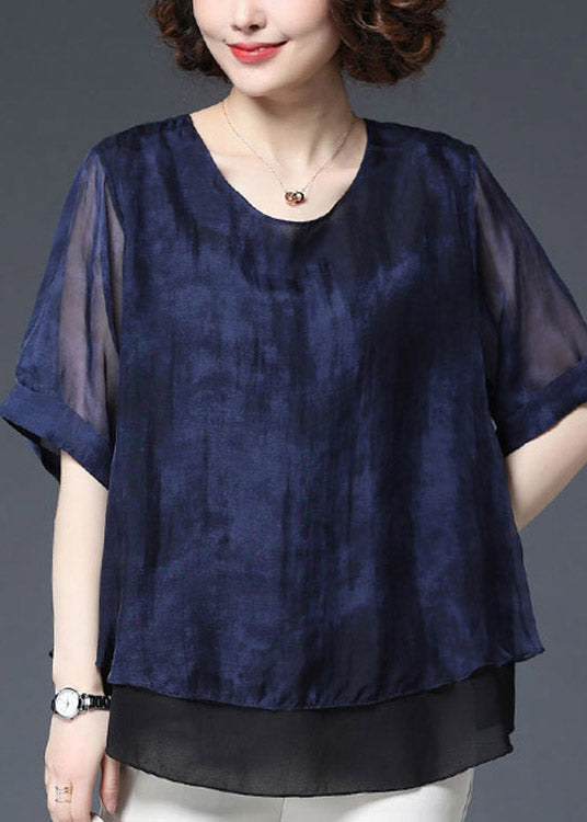 Baggy Navy O-neck Patchwork Chiffon Blouse Top Half Sleeve