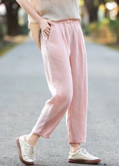 Simple Blue Pockets Elastic Waist Linen Pants Summer