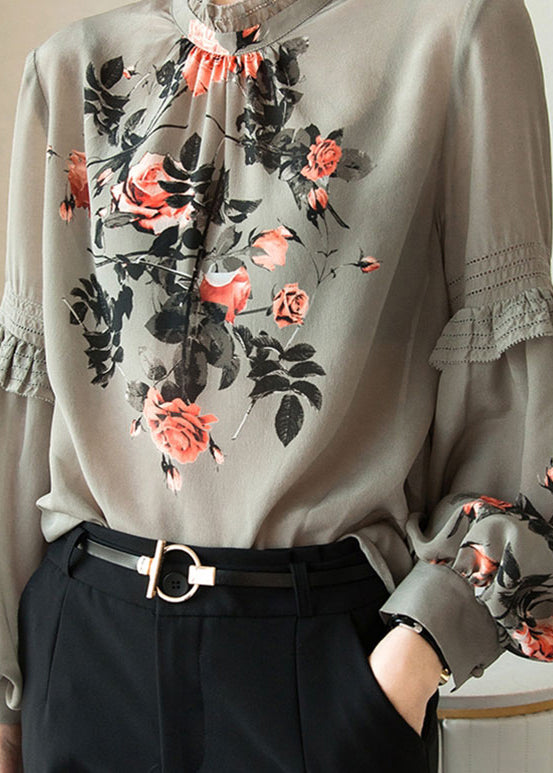 Fine Stand Collar Print Ruffles Chiffon Tops Bottoming Shirt Spring