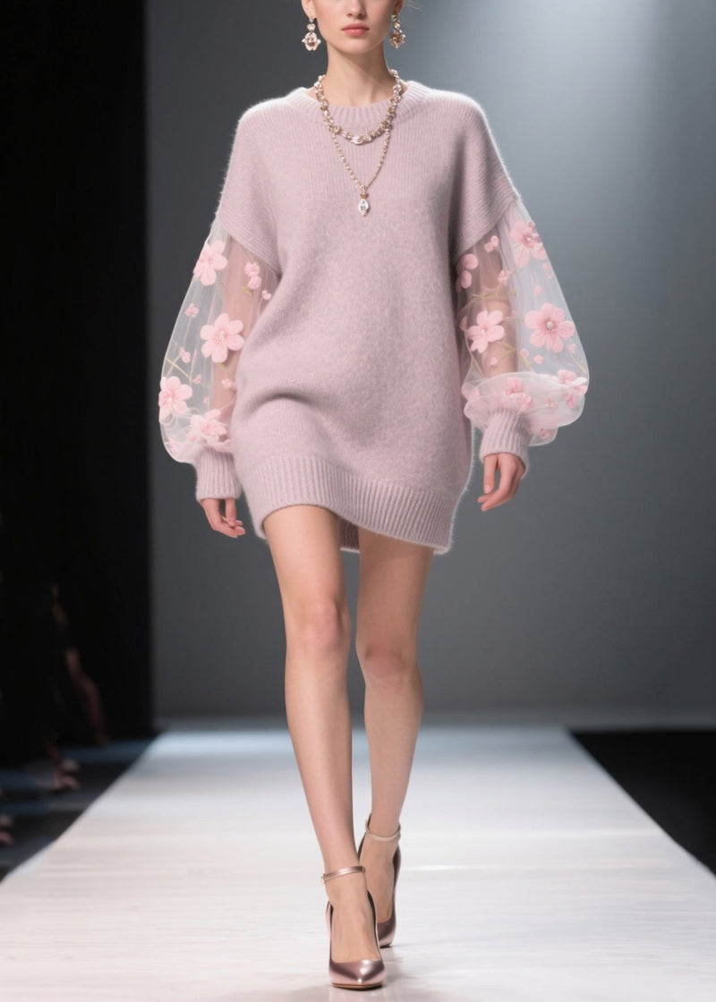 Light Purple Patchwork Tulle Thick Long Sweater Fall