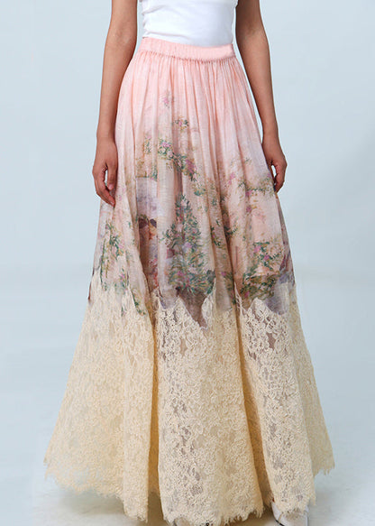 Pink Print Wrinkled Patchwork Lace Skirts Spring