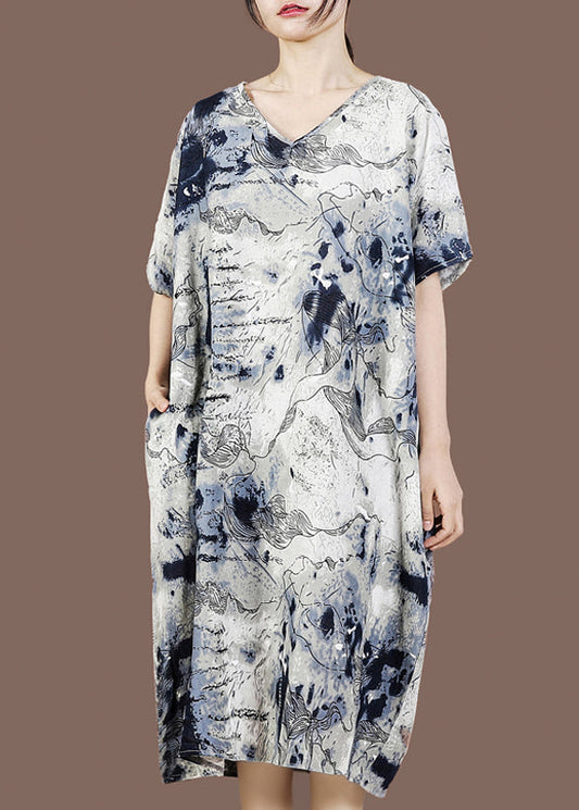 V Neck Print Pockets Dresses Short Sleeve