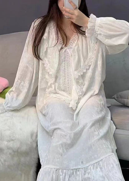Diy White V Neck Lace Patchwork Silk Velour Maxi Dresses Spring