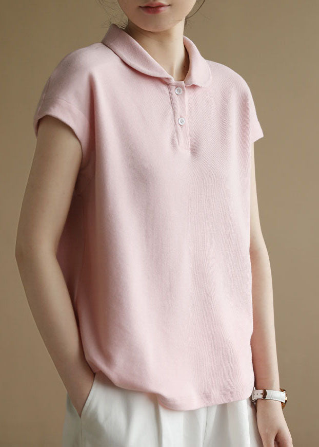 Style Pink Peter Pan Collar Button Cotton Tank Short Sleeve