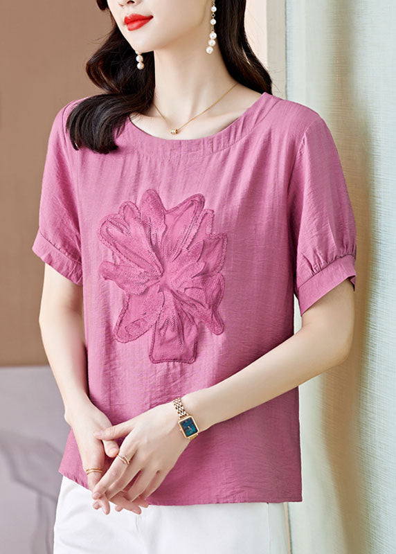 Pink O Neck Embroideried Patchwork Linen T Shirt Top Summer