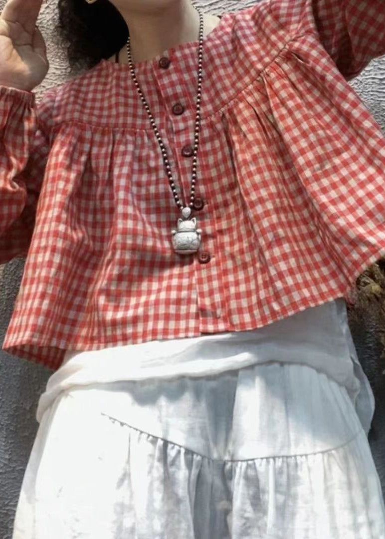 Red Plaid O-neck Button Cotton Shirt Top Long Sleeve