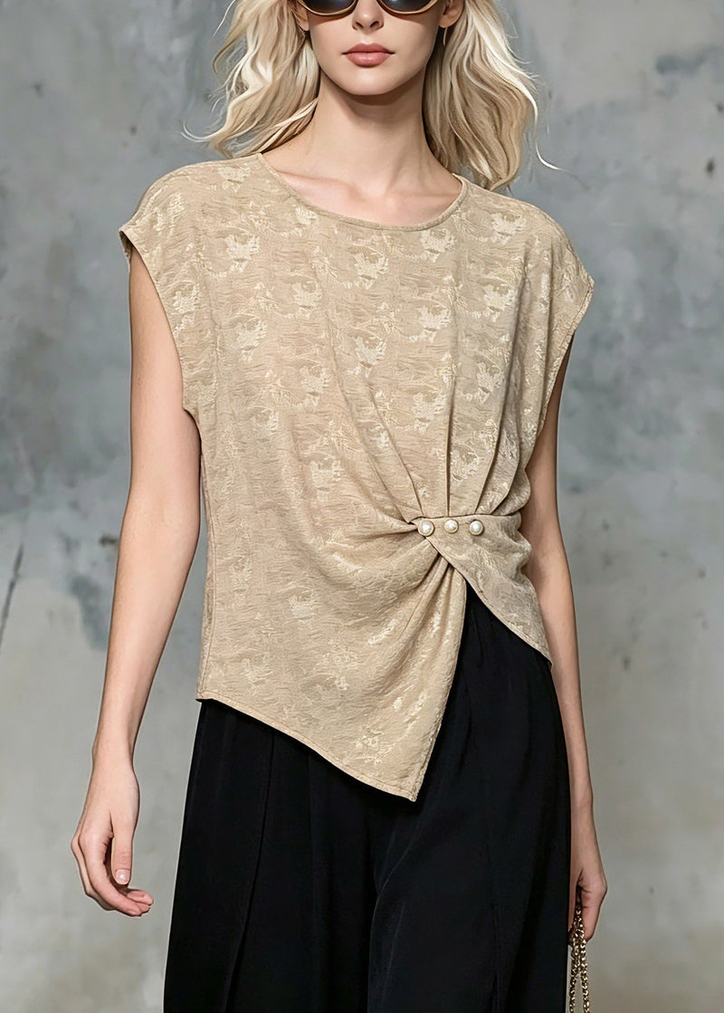 Classy Khaki Wrinkled Nail Bead Tops Short Sleeve