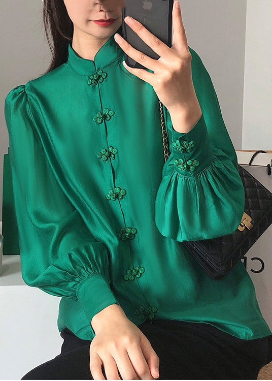 Green Stand Collar Chinese Button Silk Blouse Top Long Sleeve