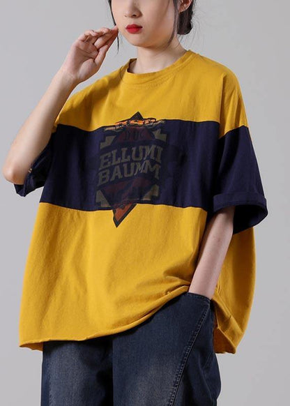 Loose Red Patchwork O-neck Cotton Half Sleeve Top Summer