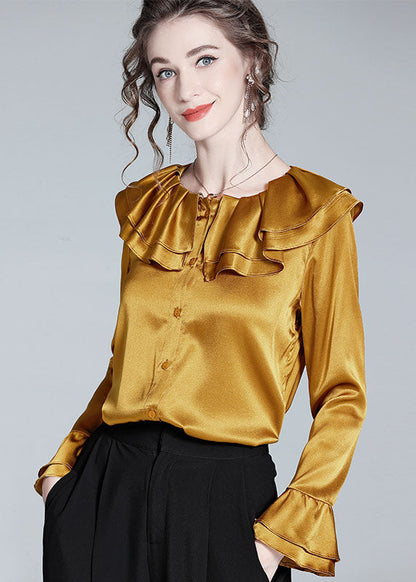 Style Gold Ruffled Patchwork Button Silk Shirt Flare Sleeve Spring