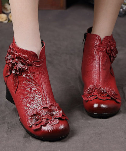 Red Chunky Cowhide Leather Comfy Splicing Boots
