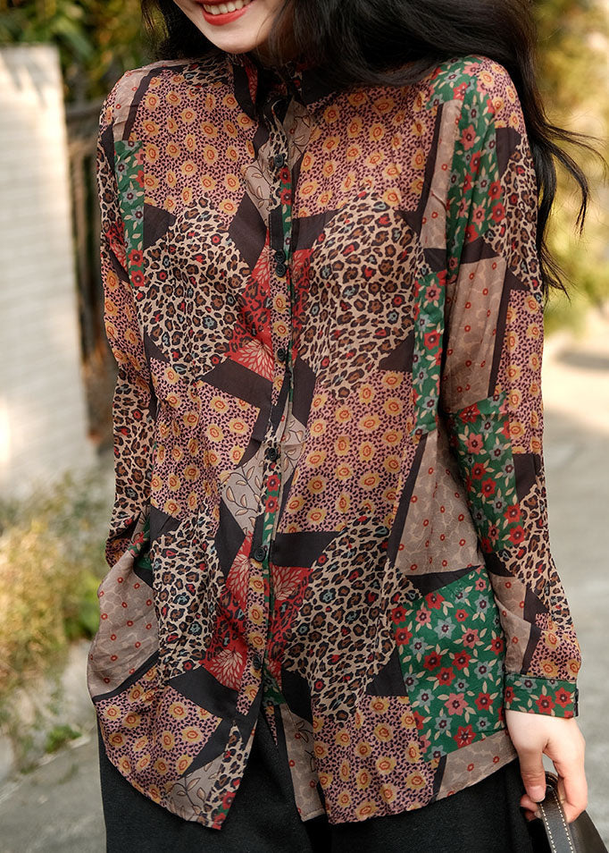 Coffee Peter Pan Collar Print Linen Shirts Spring