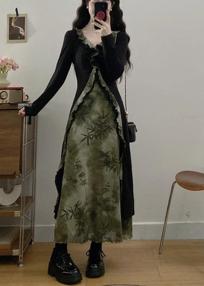 Tea Green Ruffled Patchwork Bamboo Print Cotton Dress Fall