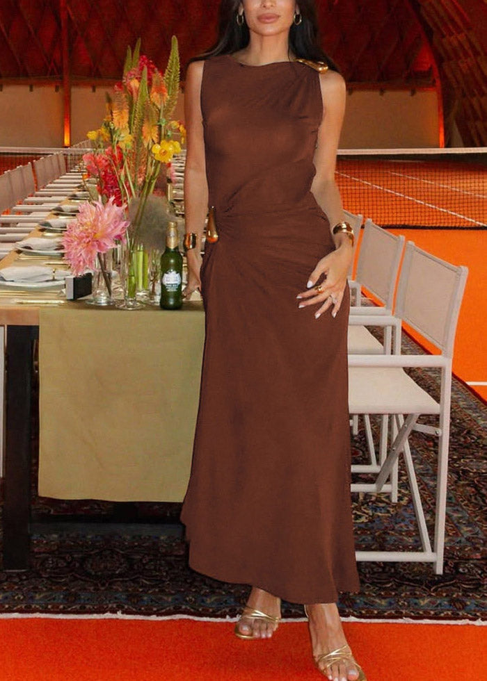 Slim Fit Orange Wrinkled Metal Button Maxi Dresses Summer