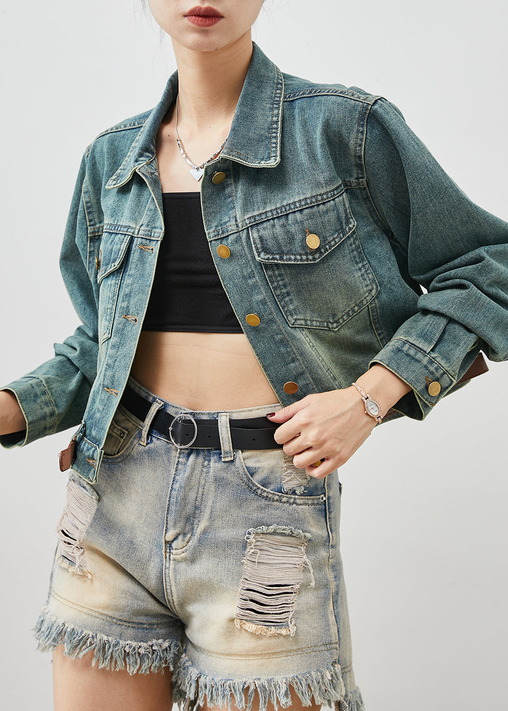 Denim Blue With Belt Short Coats Spring