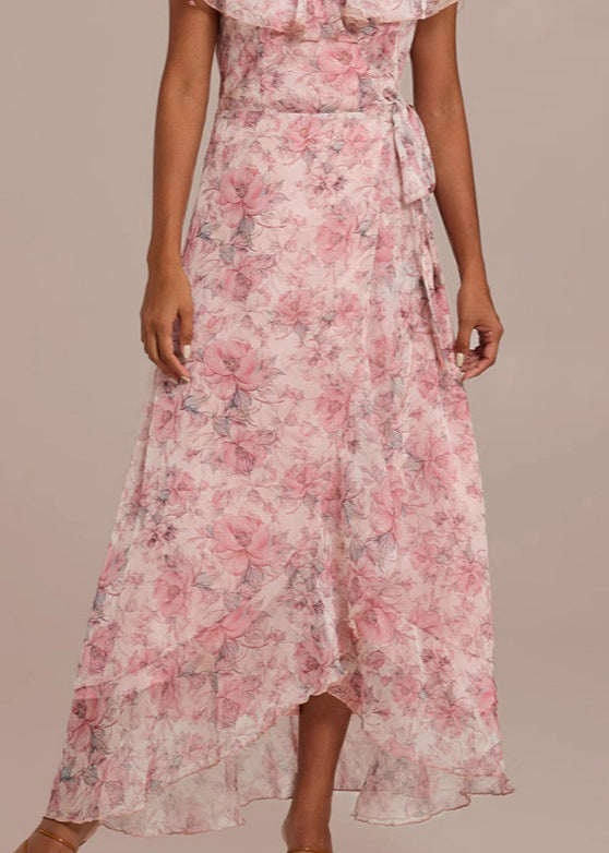 Pink V Neck Print Lace Up Chiffon Long Dresses Summer
