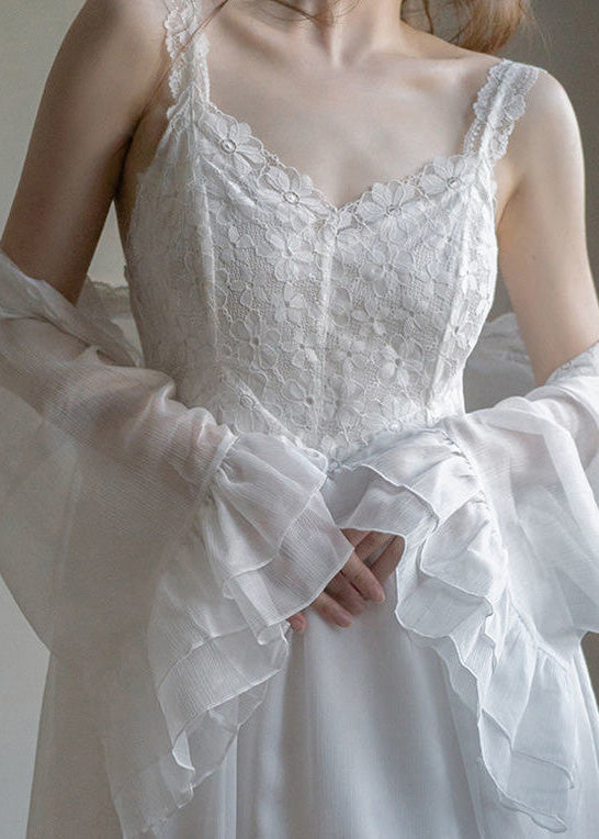 Novelty White V Neck Embroideried Chiffon Cardigans and Slip Dress Two Pieces Set Summer