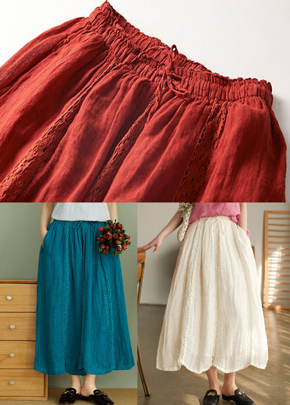Art Peacock Blue Elastic Waist Linen Skirts Spring