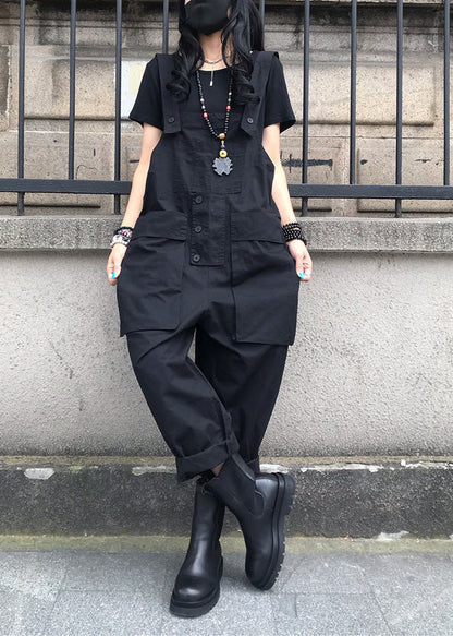 French Black Patchwork Button Jumpsuit Summer