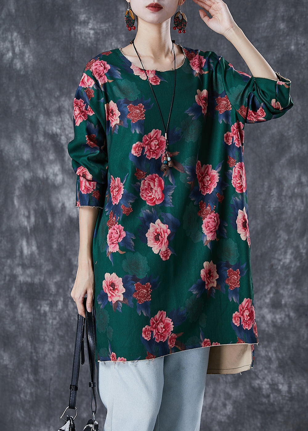 Green Print Linen Mini Dress Side Open Fall