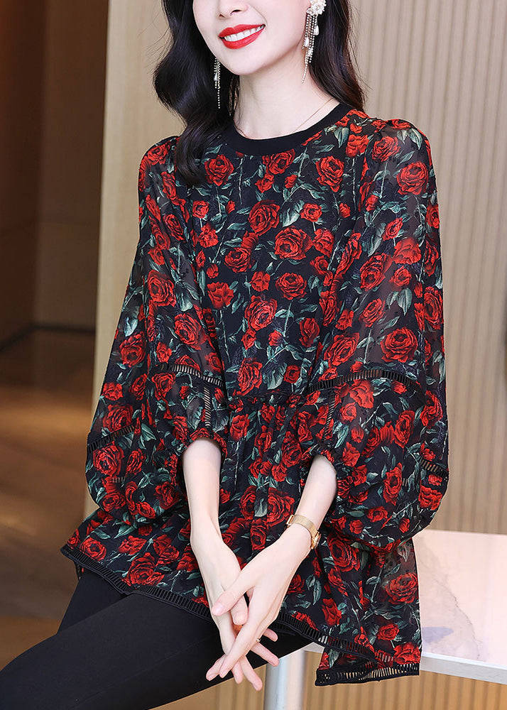 Red O-neck Print Wrinkled Chiffon Shirt Long Sleeve