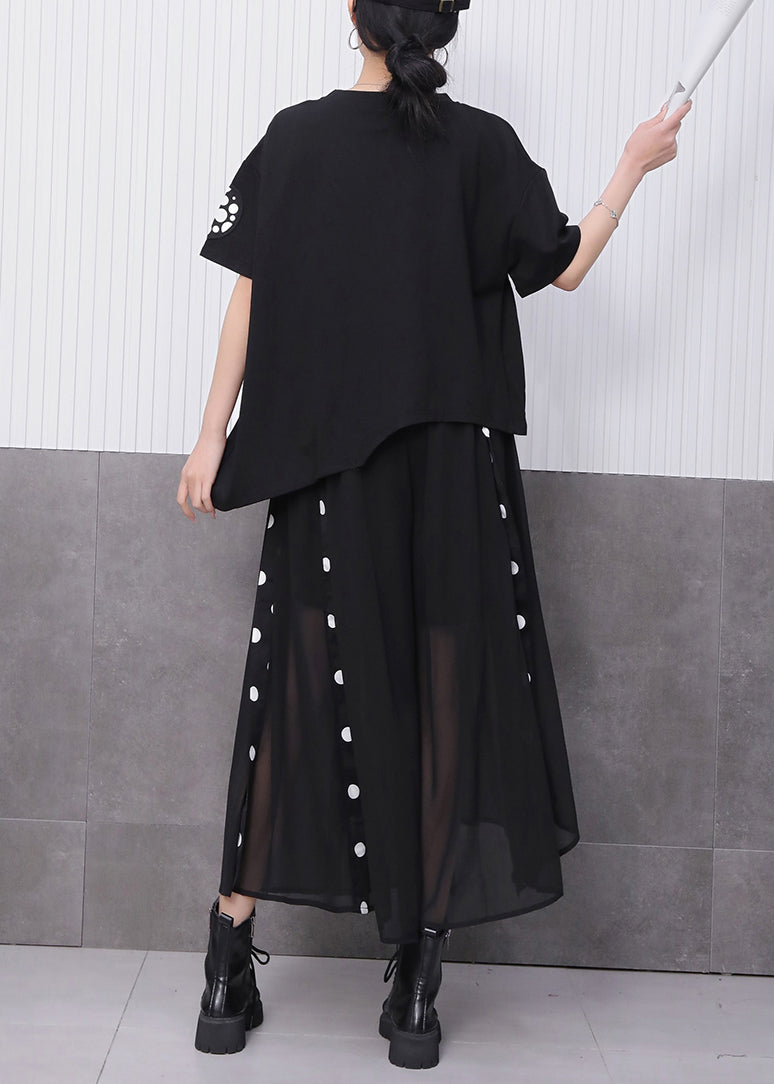 Novelty Black Print T Shirts and Tulle Maxi Skirts Two Pieces Set Summer