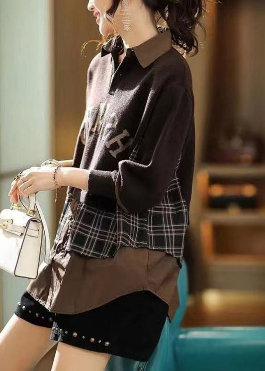 Coffee Peter Pan Collar False Two Pieces Knit Shirts Top Fall