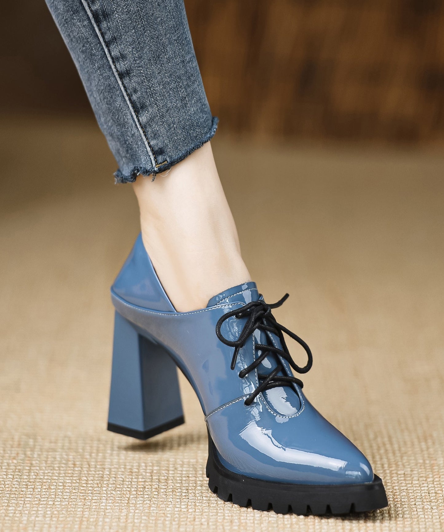 Splicing Cross Strap Chunky Blue Soft Cowhide Leather