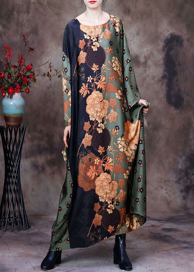 Boutique Green O-neck Patchwork Print Silk Holiday Dress Short Sleeve