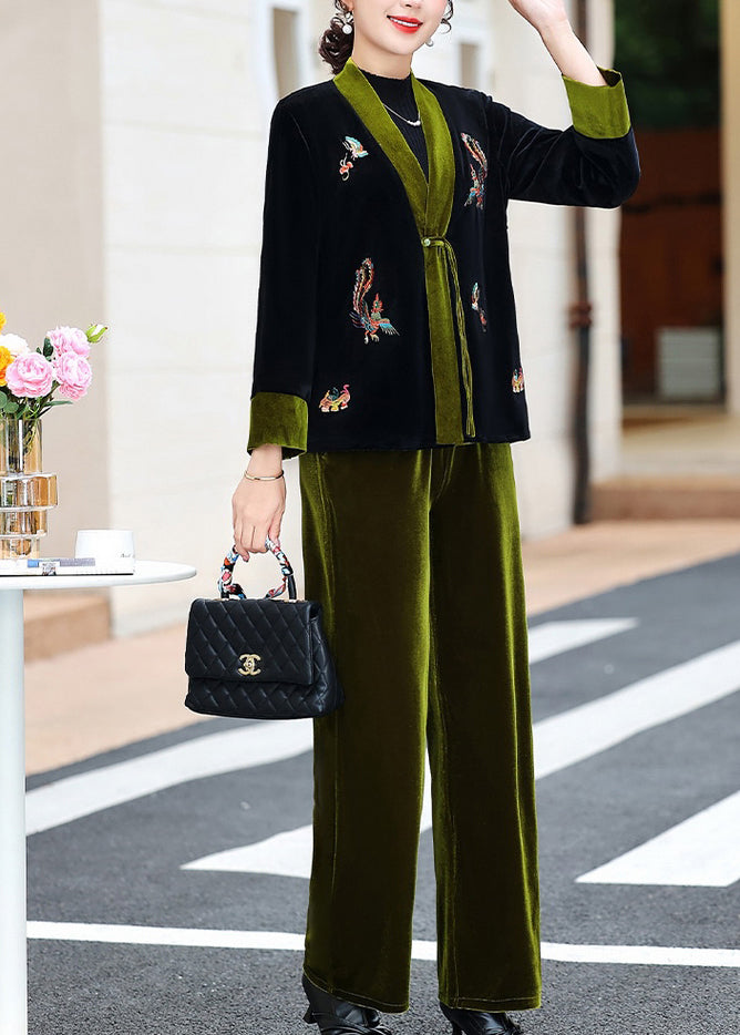 Green V Neck Embroideried Silk Velour Coats and Pants Two Piece Set Fall
