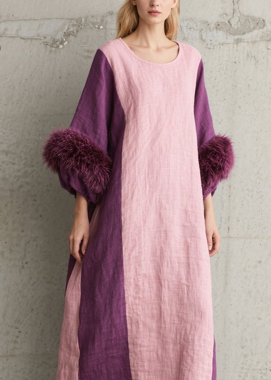Colorblock Fuzzy Fur Patchwork Cotton Dresses Fall