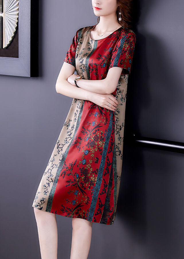 Red O-neck Print Slim Fit Silk Mid Dress Summer
