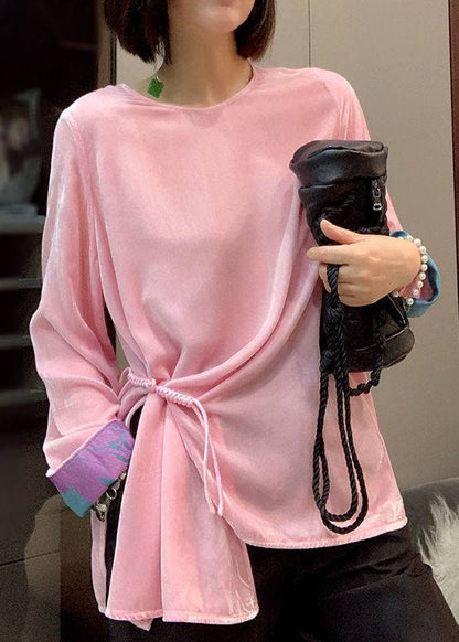 Pink Patchwork Velour Top Asymmetrical Design Long Sleeve