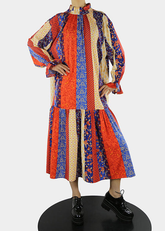Red Stand Collar Print Long Dress Petal Sleeve