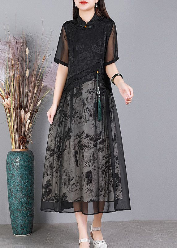 Black Mandarin Collar Print Tulle Patchwork Silk Long Dresses Short Sleeve