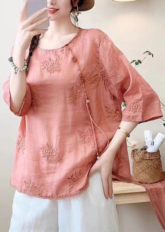 Brick Red Tassel Embroidered Cotton Top Summer