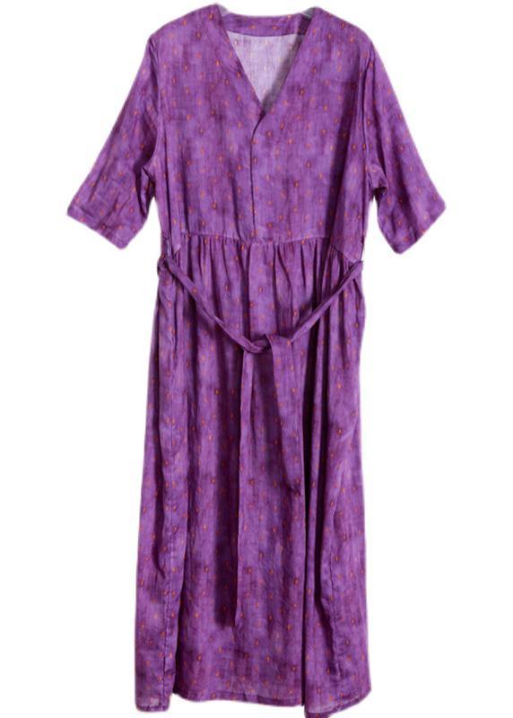 Purple Print Linen Tie Waist Summer Robe Dresses