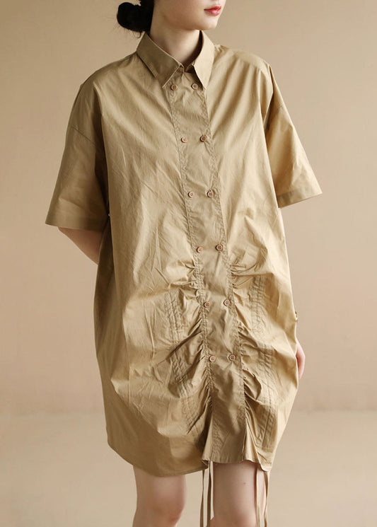 Khaki Peter Pan Collar Drawstring Double Breast Cotton Dresses Short Sleeve