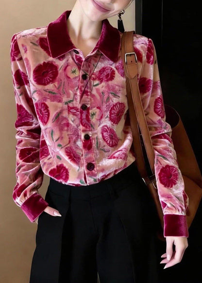 Stylish Rose Peter Pan Collar Print Silk Velour Shirt Top Spring