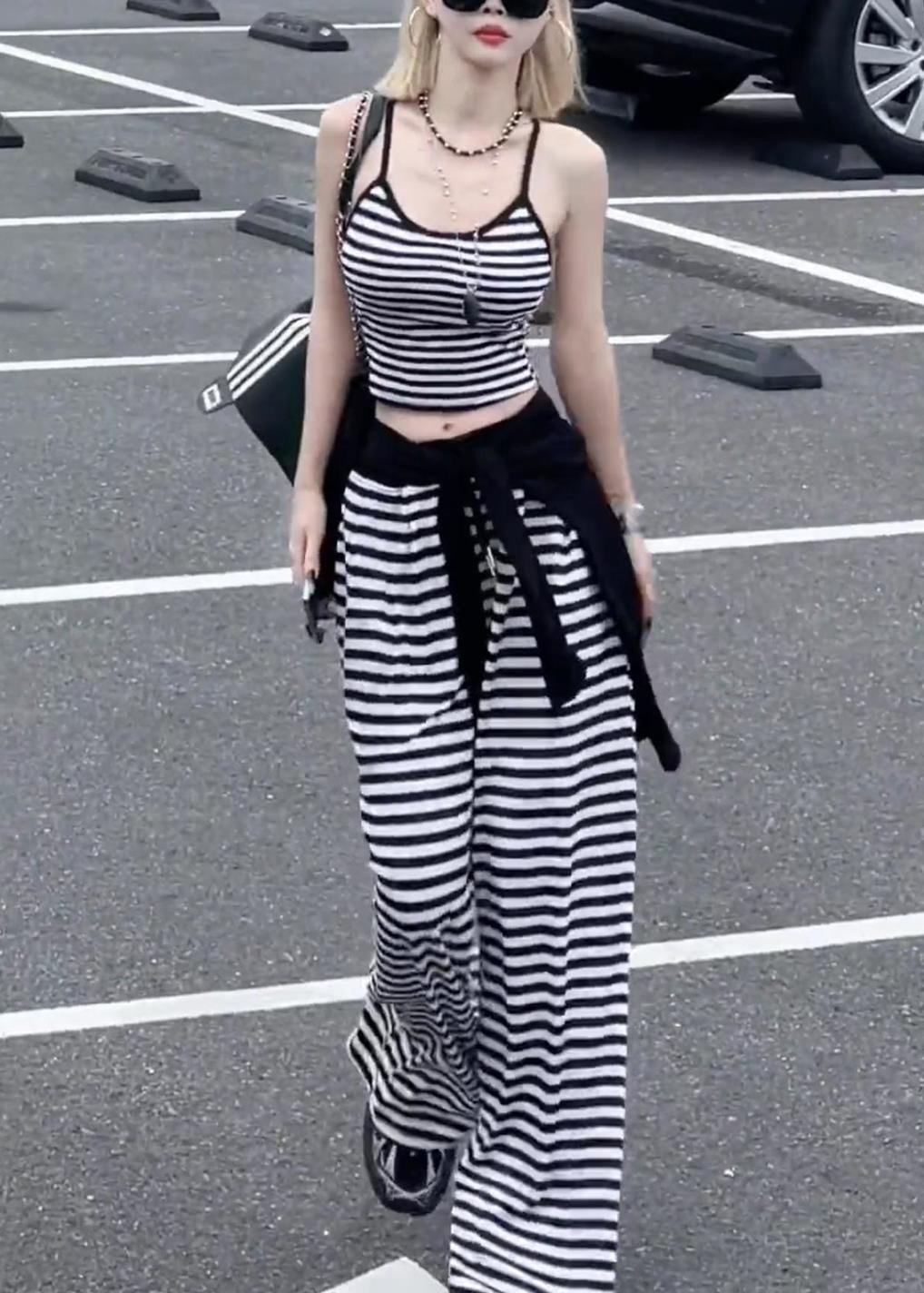 Striped Black Tops and Wide Leg Pants Cotton Three-piece Set Fall