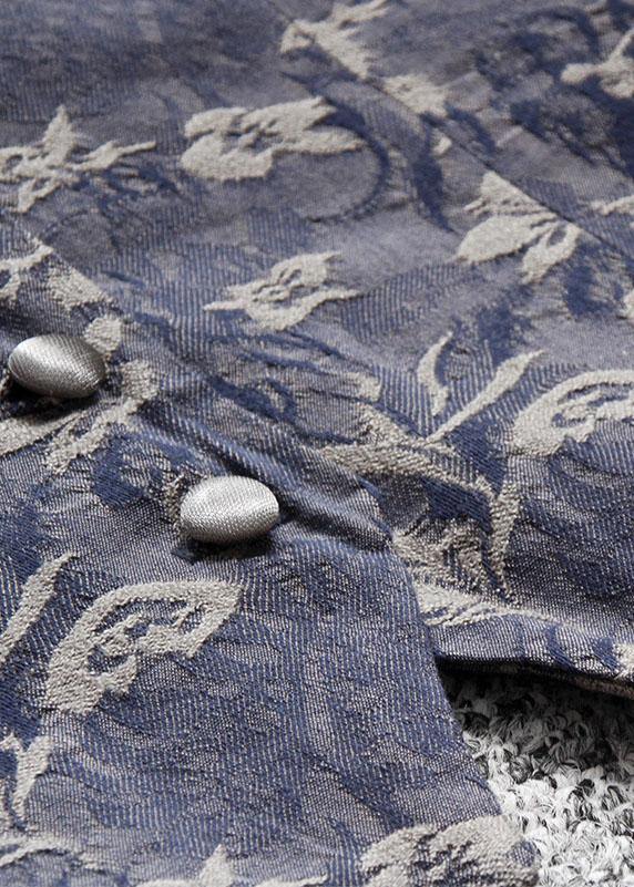 Blue Jacquard V Neck Button Spaghetti Strap Cotton Summer Tank