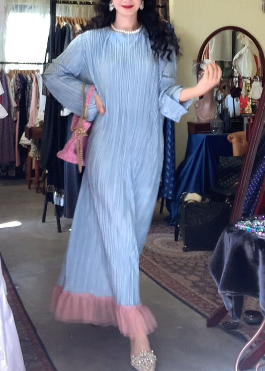 Blue O-neck Tassel Patchwork Cozy Long Dress Long Sleeve