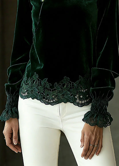 Blackish Green Hollow Out Shirts Lantern Sleeve